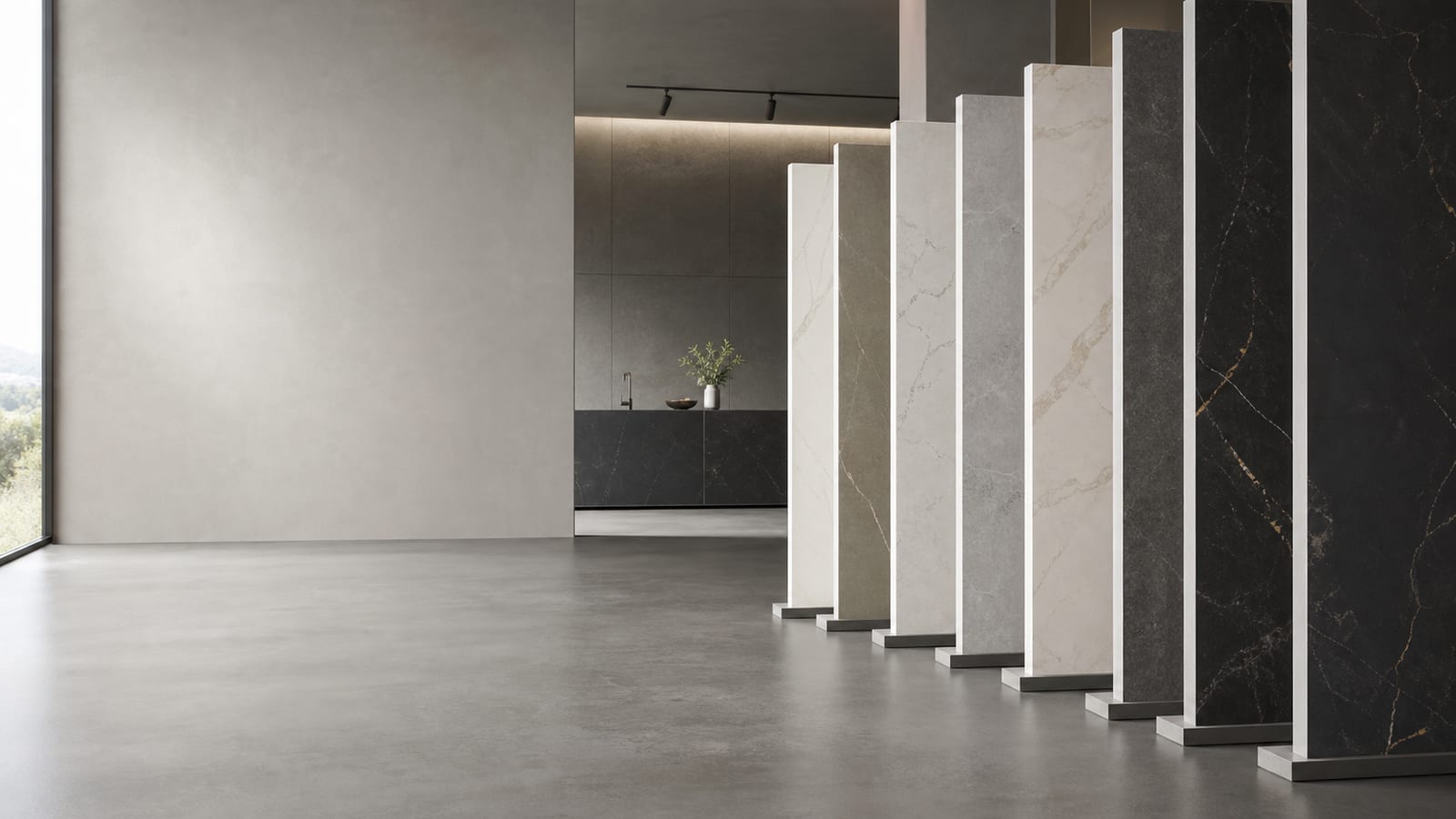 Planchas de piedra sinterizada de gran formato en un espacio arquitectónico sobrio